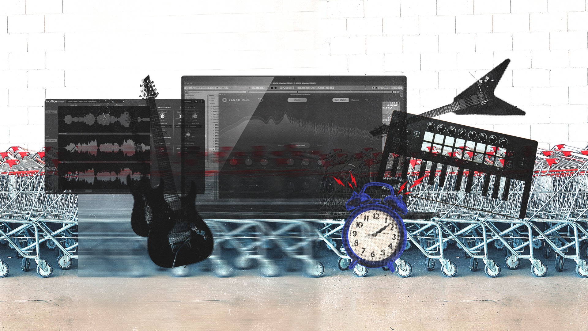 monochrome image of vocalign ultra, the landr mastering plugin and an mpc over shopping carts, guitars and an alarm clock