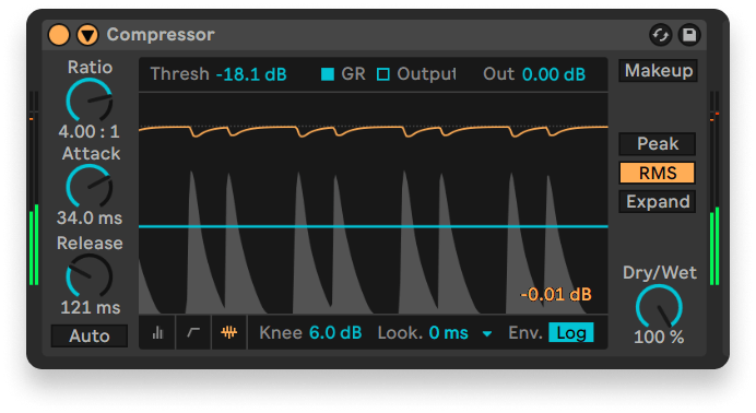 Our percussion hits were a little too sharp for our liking, so we tamed them a bit with the help of a compressor.