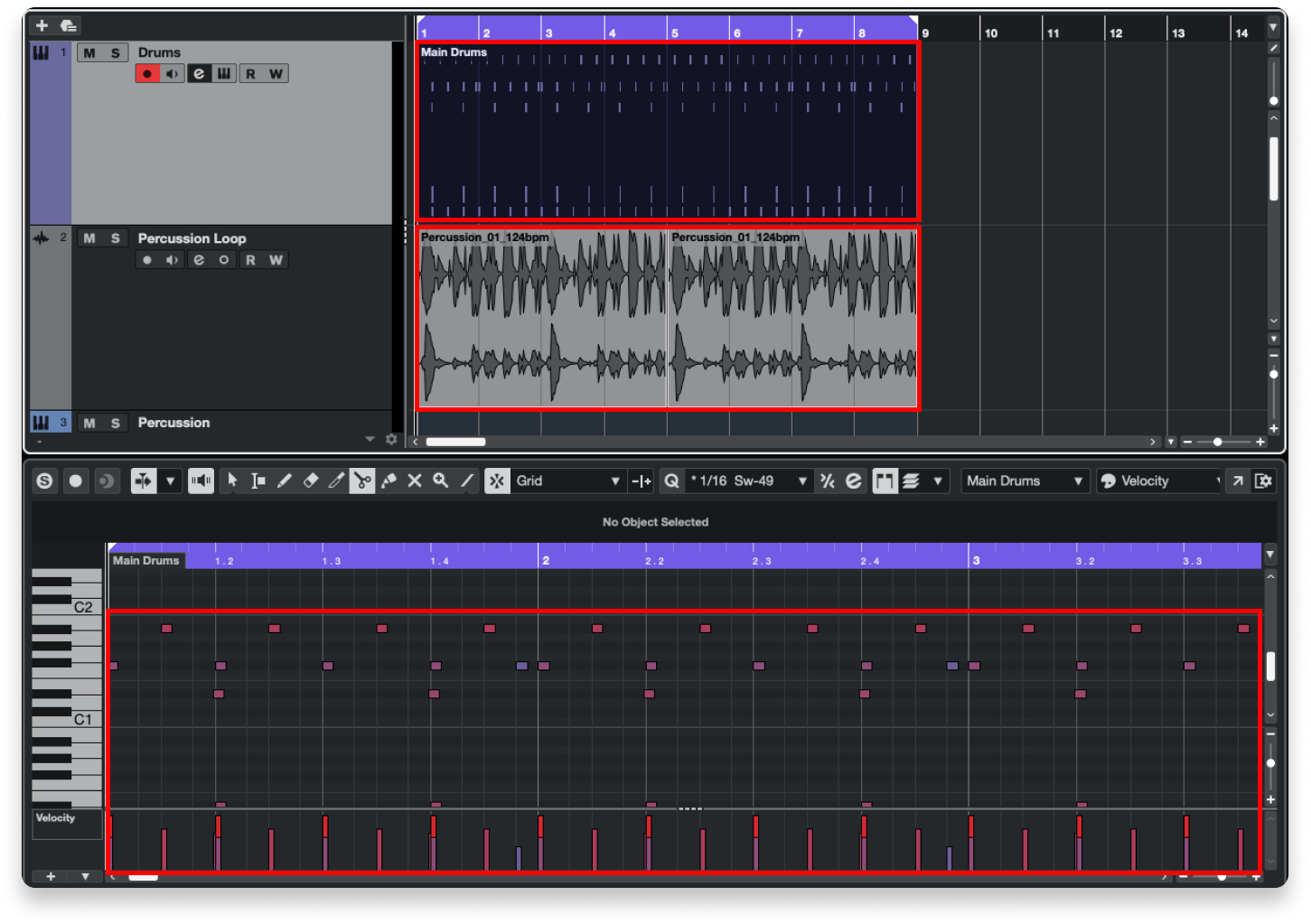 Indicated in red: An audio event (top), a MIDI event (middle) and MIDI data in the MIDI editing window (bottom).