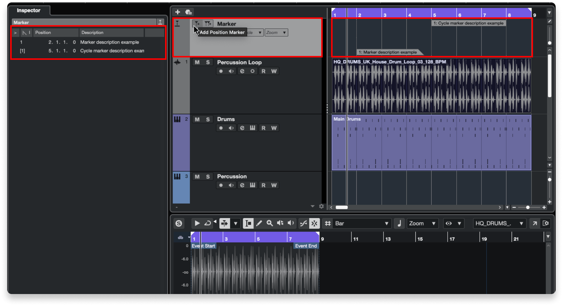 Note the marker inspector pane with marker descriptions (left), the marker track header with &quot;add marker&quot; buttons (middle), and the markers on the timeline (right).