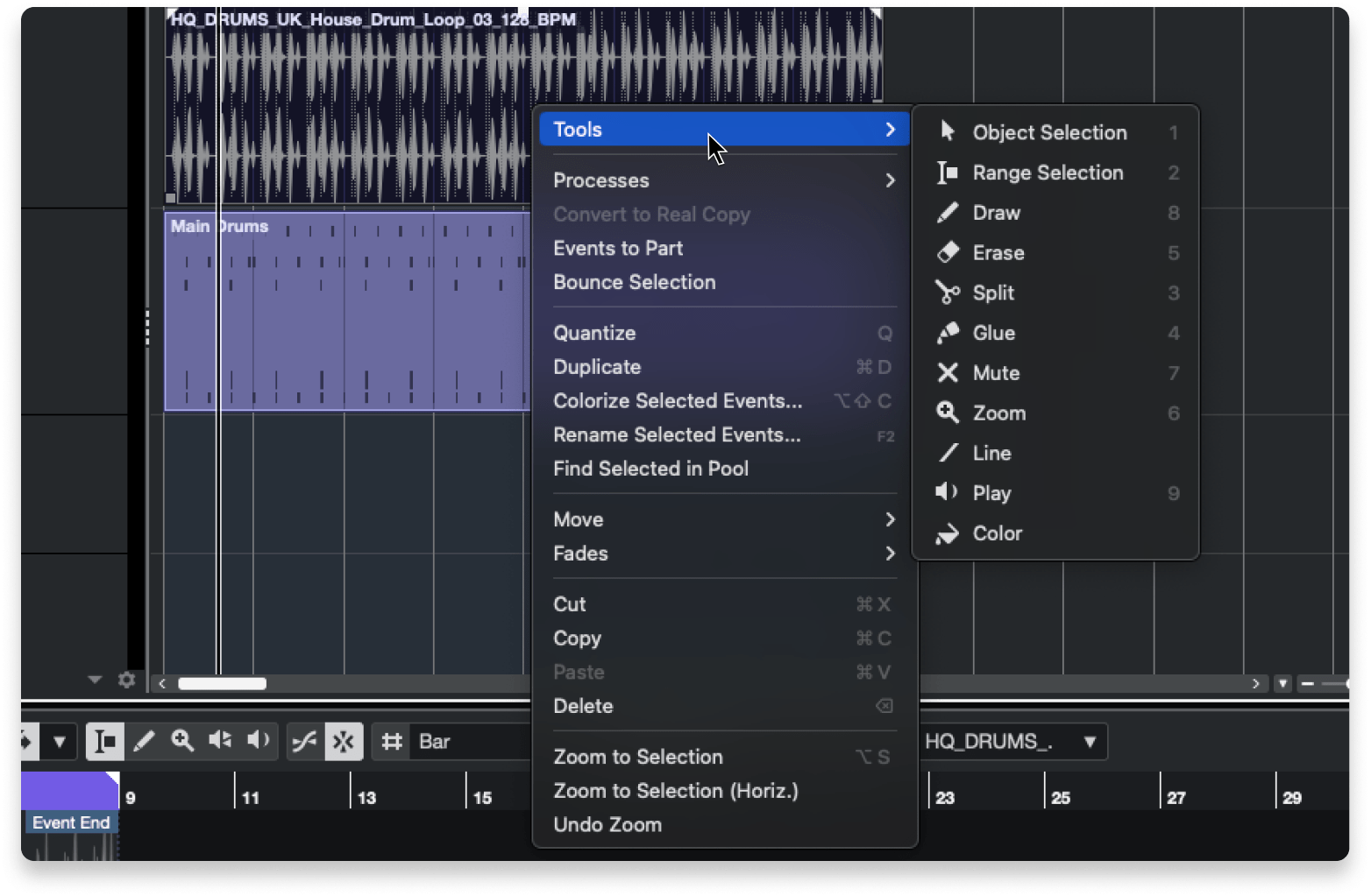 Note the corresponding key commands to the right of each tool.