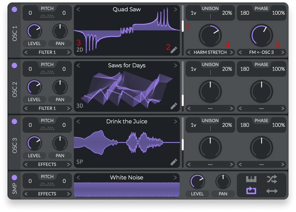 The wavetable and waveshaping parameters