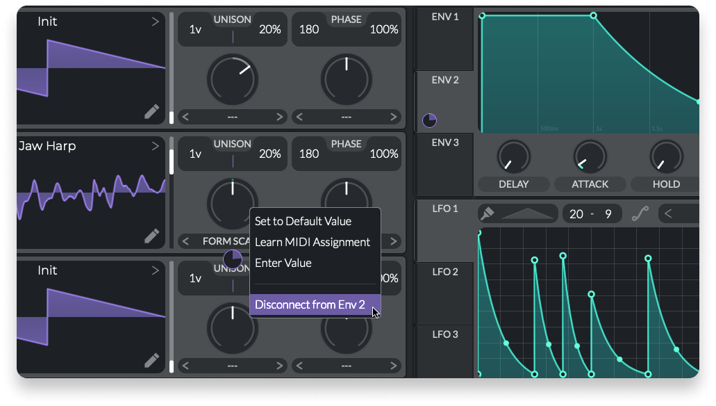 The small purple dials indicate modulation amounts at the destination and source