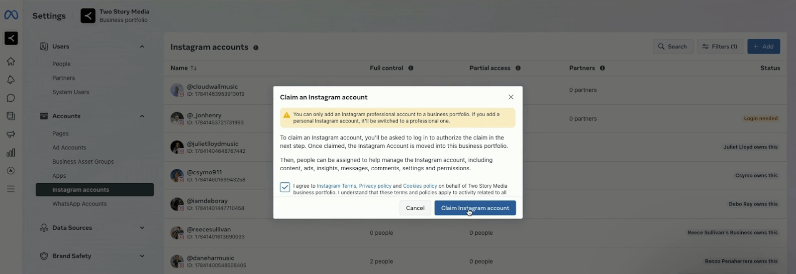 To link your Instagram account, go to Accounts -> Instagram, then go through the sign-in process to verify ownership.
