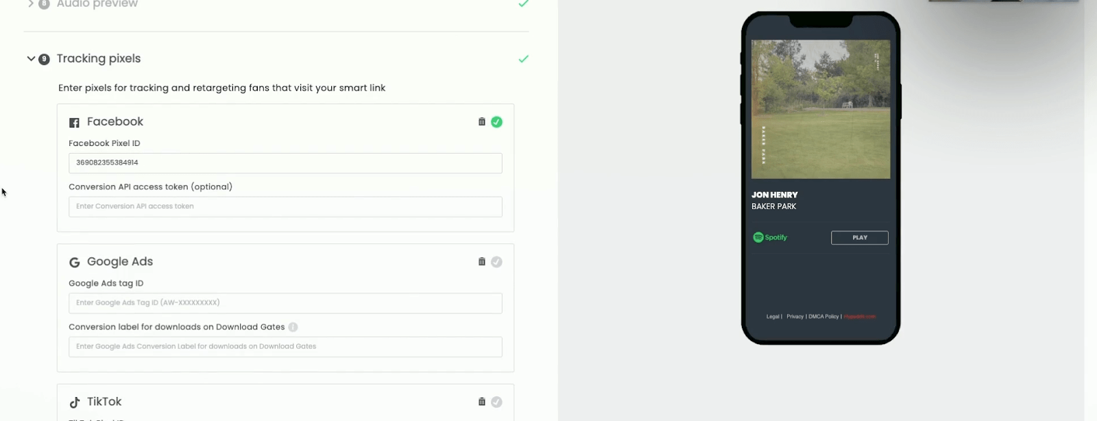 In this example landing page from Hypeddit, you can see how the landing page offers tracking codes for both Google and Meta. This is the code you will use to link performance from Meta ads to your landing page.