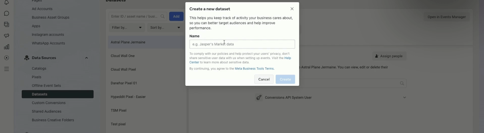 To link the Meta pixel on your landing page you need to create a new data set in the Datasets section of Meta Ads. There you'll link the unique identifier code found on your landing page.